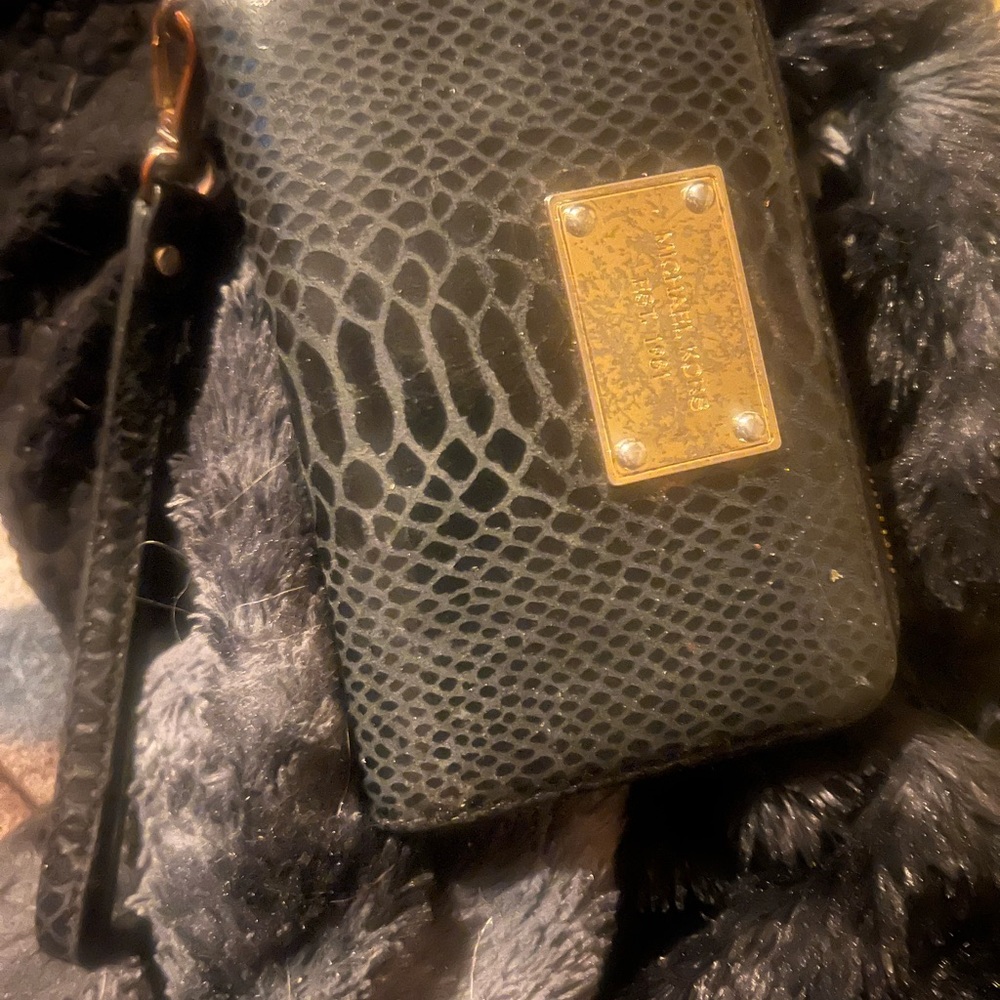 Michael Kors Black Croc-Embossed Wristlet with Gold Plate